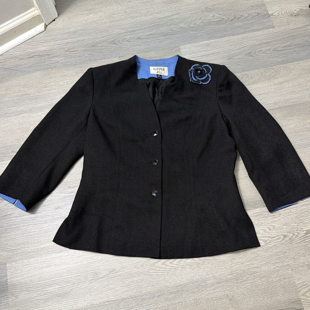 Kasper ASL Petite Women's Black Blazer Size 12 Long Sleeve Lined Pads